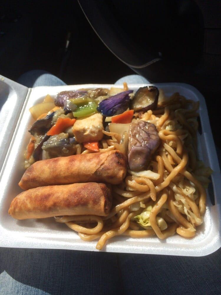 Photo of China Bowl Restaurant - Castro Valley, CA, United States. Chow mein, eggplant and eggrolls