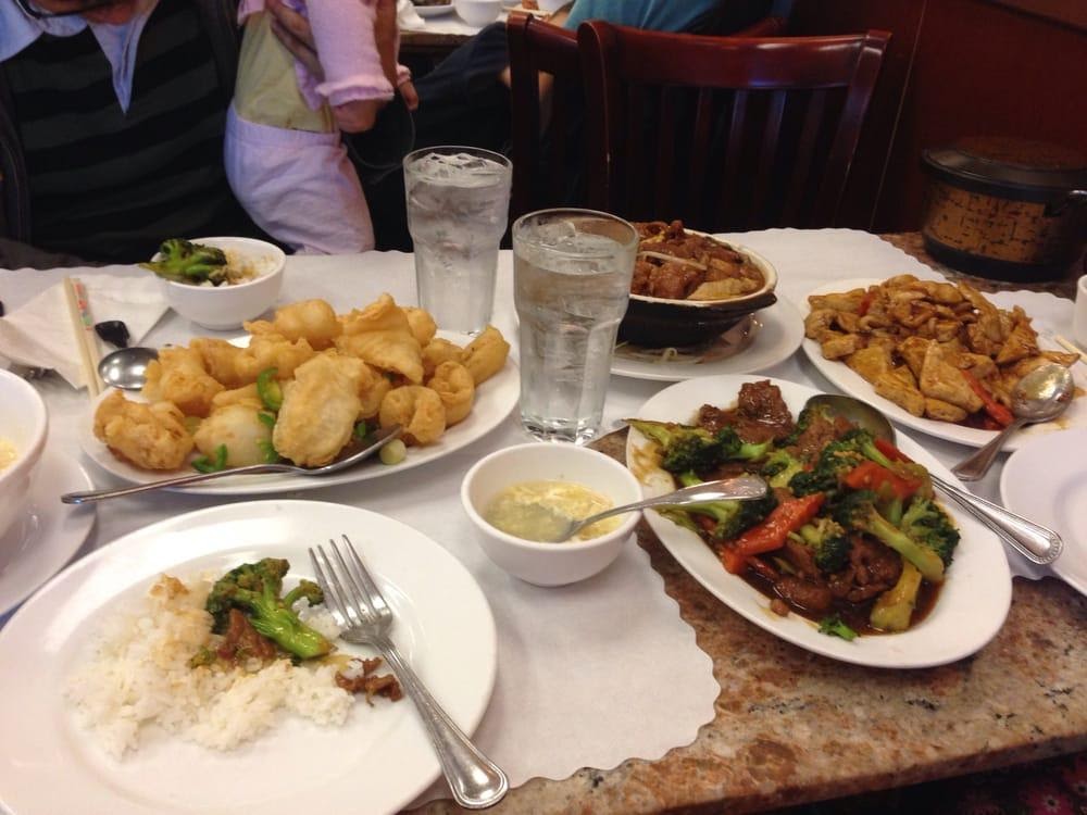 Photo of Peking Delight - San Ramon, CA, United States. Salt and pepper squid, beef stew cay pot, broccoli beef, tofu chicken, corn w/ chicken soup.