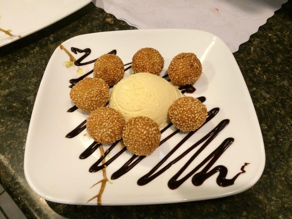 Photo of Rose Garden Restaurant - Union City, CA, United States. Fried red bean sesame balls with ice cream